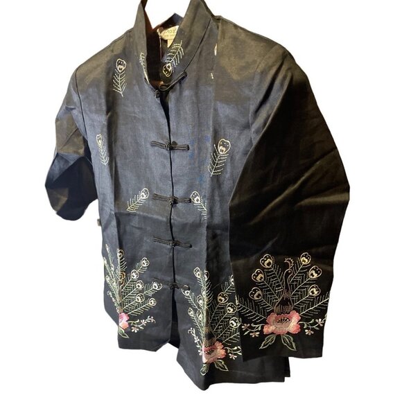 Potex NWT Black Linen Asian Inspired Peacock Embroidered Top Sz M - Picture 3 of 11